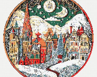 Winter Landscape. Fantastic village view in a snowy day. Stylized cartoon illustration. Counted Cross Stitch PDF Pattern. Hand Embroidery.