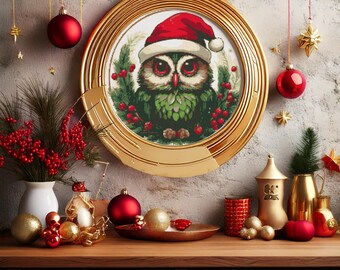 Cute owl with Santa costume in Christmas wreath. Watercolor Painting in Christmas colors. Counted Cross Stitch PDF Pattern. Hand Embroidery.