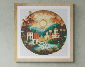 Landscape. Fabulous Nostalgic Village View. Stylized. Counted Cross Stitch PDF Pattern, PDF for Diamond Painting and Pattern Keeper.