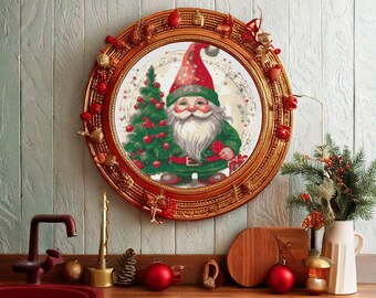 Cute Gnome Santa with Christmas Tree, Red Bag and Present Boxes in Watercolor painting. Counted Cross Stitch PDF Pattern. Hand Embroidery.