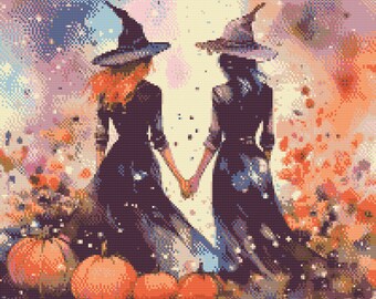 Two Witches with carved Halloween Pumpkin. Watercolor illustration made with fall colors. Counted Cross Stitch PDF Pattern. Hand Embroidery.