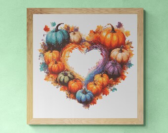 Heart Shaped Pumpkins Thanksgiving Day. Watercolor painting made with autumn colors. Counted Cross Stitch PDF Pattern. Hand Embroidery.