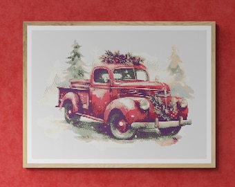 Christmas Trees decorated with ornaments on a Red retro truck in winter. Watercolor. Counted Cross Stitch PDF Pattern. Hand Embroidery.