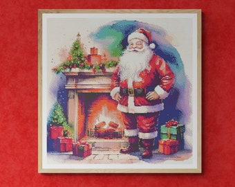 Santa Claus in front of a Fireplace with Christmas tree and gift boxes. Watercolor style. Counted Cross Stitch PDF Pattern. Hand Embroidery.