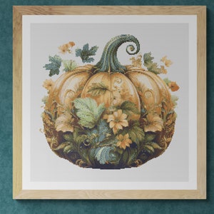 Calabaza decorada con flores para el Día de Acción de Gracias. Pintura de acuarela realizada con colores otoñales. Patrón de punto de cruz en PDF. Bordado a mano.