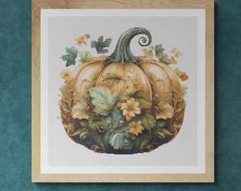 Floral Decorated Pumpkin Thanksgiving Day. Watercolor painting made with autumn colors. Counted Cross Stitch PDF Pattern. Hand Embroidery.