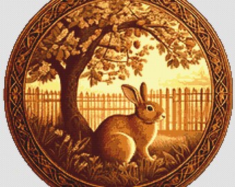 Wild Rabbit under the apple tree. Retro style illustration. Autumn colors. Counted Cross Stitch PDF Pattern. Hand Embroidery.