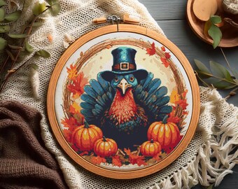 Thanksgiving Day Turkey with pilgrim hat, Pumpkins and Autumn leaves. Watercolor cartoon. Counted Cross Stitch PDF Pattern. Hand Embroidery.