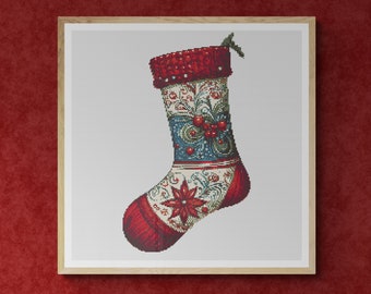 Christmas Sock Decorated. Oak Leaves, Ornament and Flowers. Counted Cross Stitch PDF Pattern, PDF for Diamond Painting and Pattern Keeper.