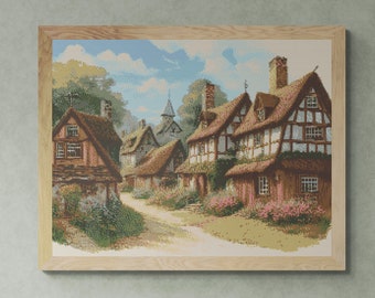 Landscape. Fabulous Nostalgic Village View. Watercolor Style. Counted Cross Stitch PDF Pattern, PDF for Diamond Painting and Pattern Keeper.