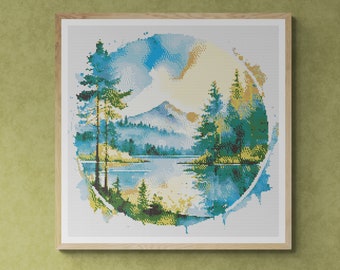 Clear Lake View with Pine Forest. Landscape painting in watercolor style with splashes. Counted Cross Stitch PDF Pattern. Hand Embroidery.