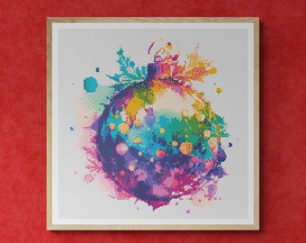 Shiny Ball as Christmas Ornament with Leaves, Berries and Splashes. Watercolor Painting. Counted Cross Stitch PDF Pattern. Hand Embroidery.