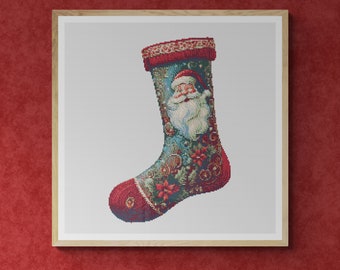 Christmas Sock Decorated with Ornaments, Santa and Flowers. Counted Cross Stitch PDF Pattern, PDF for Diamond Painting and Pattern Keeper.