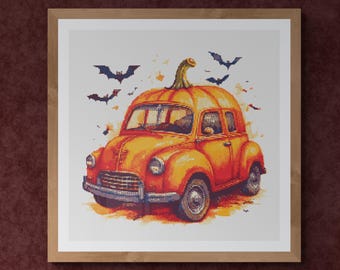 Halloween pumpkin shaped cute retro car. Watercolor illustration made with autumn colors. Counted Cross Stitch PDF Pattern. Hand Embroidery.