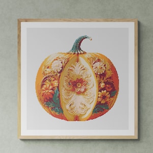 Calabaza decorada con flores para el Día de Acción de Gracias. Pintura de acuarela realizada con colores otoñales. Patrón de punto de cruz en PDF. Bordado a mano.