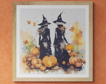 Two Witches with carved Halloween Pumpkin. Watercolor illustration made with fall colors. Counted Cross Stitch PDF Pattern. Hand Embroidery.