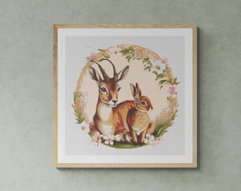 Gazelle and Bunny. Watercolor Style. Counted Cross Stitch PDF Pattern, PDF for Diamond Painting and Pattern Keeper.