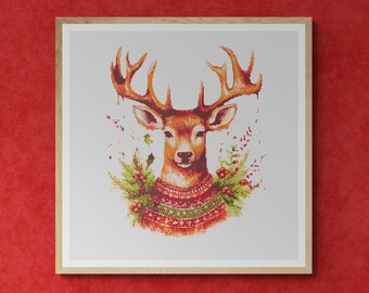Wild Deer with Christmas Sweater, Pine Pins, Red Berries and Ornaments. Watercolor Style. Counted Cross Stitch PDF Pattern. Hand Embroidery.