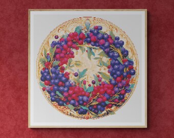 Christmas Wreath Decorated with red and blue berries and leaves. Watercolor Painting. Counted Cross Stitch PDF Pattern. Hand Embroidery.