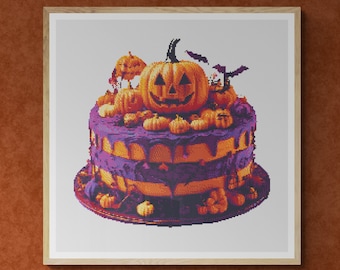 Halloween Cake decorated with Pumpkins. Watercolor illustration made with autumn colors. Counted Cross Stitch PDF Pattern. Hand Embroidery.