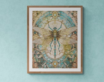 Dragonfly Flying over Autumn Leaves, Art Nouveau Style, Counted Cross Stitch PDF Pattern, PDF for Diamond Painting and Pattern Keeper.