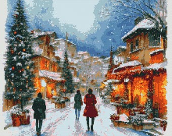 Christmas Eve. People returning home. Town view at a snowy winter sunset.  Watercolor. Counted Cross Stitch PDF Pattern. Hand Embroidery.