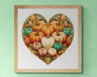 Heart Shaped Pumpkins Thanksgiving Day. Watercolor painting made with autumn colors. Counted Cross Stitch PDF Pattern. Hand Embroidery.