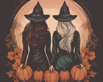 Two Witches with carved Halloween Pumpkin. Watercolor illustration made with fall colors. Counted Cross Stitch PDF Pattern. Hand Embroidery.