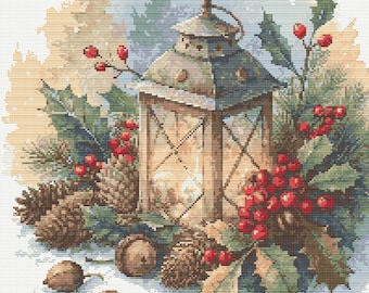 Christmas lantern with acorns and holly leaves and red berries. Watercolor Painting. Counted Cross Stitch PDF Pattern. Hand Embroidery.