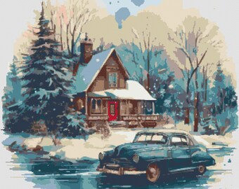 Retro Car in front of a house in snowy weather. Winter landscape watercolor painting. Counted Cross Stitch PDF Pattern. Hand Embroidery.