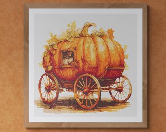 Thanksgiving Day pumpkin shaped vintage cart Watercolor painting made with autumn colors. Counted Cross Stitch PDF Pattern. Hand Embroidery.