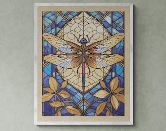 Dragonfly Flying over Autumn Leaves, Stained Glass Style, Counted Cross Stitch PDF Pattern, PDF for Diamond Painting and Pattern Keeper.