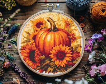 Thanksgiving Day Pumpkins, Sunflowers and Autumn leaves. Watercolor painting. Counted Cross Stitch PDF Pattern. Hand Embroidery.