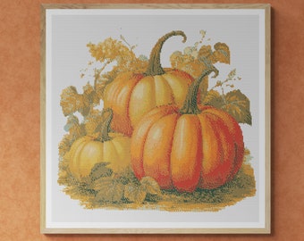 Pumpkins Thanksgiving Day with fall leaves. Watercolor painting made with autumn colors. Counted Cross Stitch PDF Pattern. Hand Embroidery.