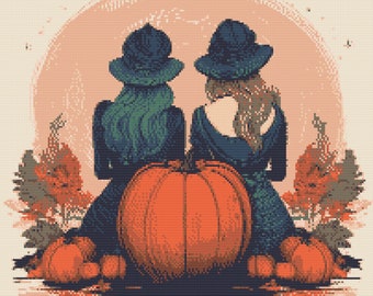 Two Witches with carved Halloween Pumpkin. Watercolor illustration made with fall colors. Counted Cross Stitch PDF Pattern. Hand Embroidery.