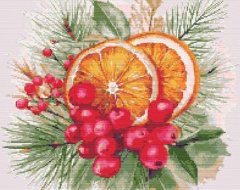 Christmas decoration dried orange slices, pine pins and red berries. Watercolor Painting. Counted Cross Stitch PDF Pattern. Hand Embroidery.
