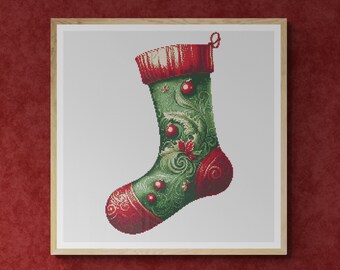 Christmas Sock Decorated. Oak Leaves, Ornament and Flowers. Counted Cross Stitch PDF Pattern, PDF for Diamond Painting and Pattern Keeper.