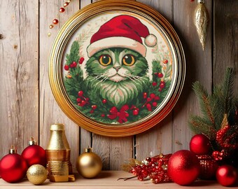 Cute cat with Santa costume in Christmas wreath. Watercolor Painting in Christmas colors. Counted Cross Stitch PDF Pattern. Hand Embroidery.