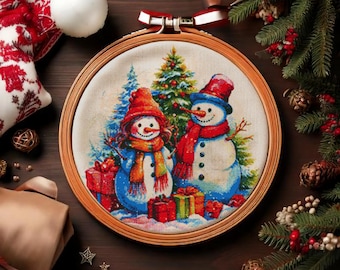 Snowman Couple with Red Hat and Scarf Christmas Tree and gift boxes. Watercolor Painting. Counted Cross Stitch PDF Pattern. Hand Embroidery.