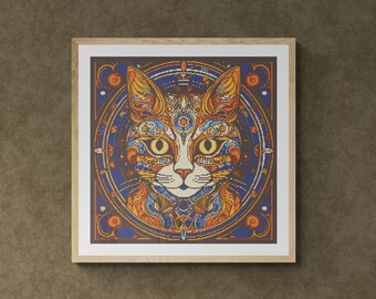 Stylized Cat Illustration. Hand Drawn Colorful Poster. Counted Cross Stitch PDF Pattern, PDF for Diamond Painting and Pattern Keeper.
