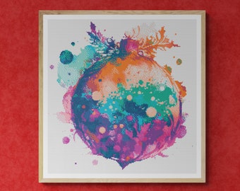 Shiny Ball as Christmas Ornament with Leaves, Berries and Splashes. Watercolor Painting. Counted Cross Stitch PDF Pattern. Hand Embroidery.