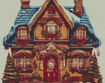 Village House in winter with decorated Christmas trees and gifts. Watercolor painting. Counted Cross Stitch PDF Pattern. Hand Embroidery.