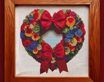 Heart shaped Christmas Wreath Decorated with flowers and red ribbon. Watercolor Painting. Counted Cross Stitch PDF Pattern. Hand Embroidery.
