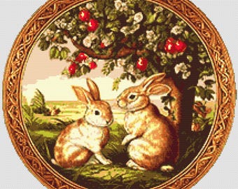 Two Wild Rabbits under the apple tree in summer. Retro style illustration. Summer colors. Counted Cross Stitch PDF Pattern. Hand Embroidery.