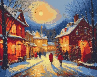 Christmas Eve. People returning home. Town view at a snowy winter sunset.  Watercolor. Counted Cross Stitch PDF Pattern. Hand Embroidery.
