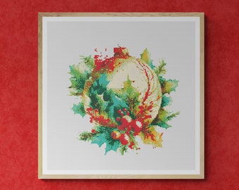 Shiny Ball as Christmas Ornament with Leaves, Berries and Splashes. Watercolor Painting. Counted Cross Stitch PDF Pattern. Hand Embroidery.