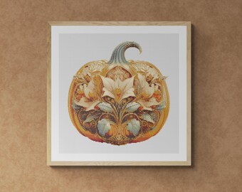 Floral Decorated Thanksgiving Day. Watercolor painting made with autumn colors. Counted Cross Stitch PDF Pattern. Hand Embroidery.