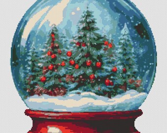 Christmas Snow Globe. Christmas decoration and pine forest in snowy winter landscape. Counted Cross Stitch PDF Pattern. Hand Embroidery.