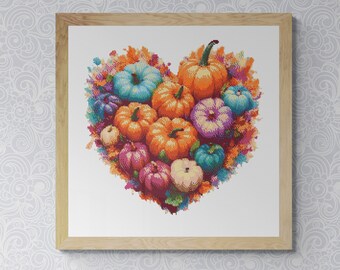 Heart Shaped Pumpkins Thanksgiving Day. Watercolor painting made with autumn colors. Counted Cross Stitch PDF Pattern. Hand Embroidery.