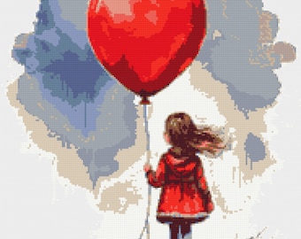 Little girl in red coat with red baloon. Rainy day. Watercolor Painting in autumn colors. Counted Cross Stitch PDF Pattern. Hand Embroidery.
